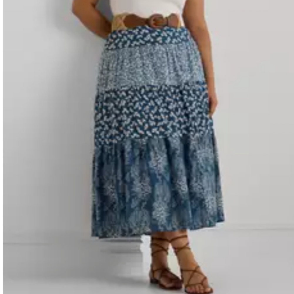 Lauren R L Plus Patchwork Floral Voile Elastic Waist Tiered Midi A-Line Skirt